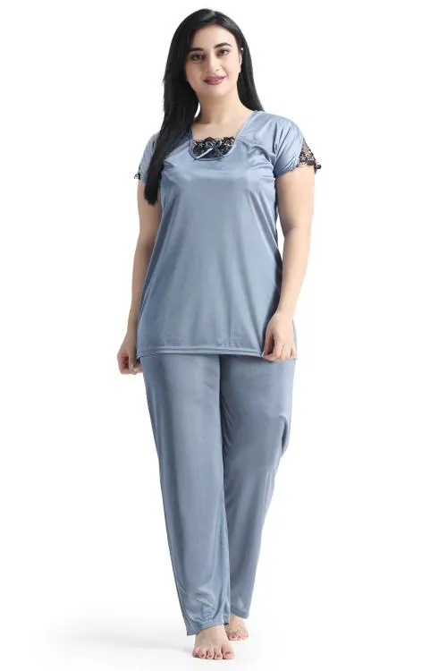 Night keys Women's Satin Plain/Solid Grey Night suit Top & Pajama Set Nighties (Free size)