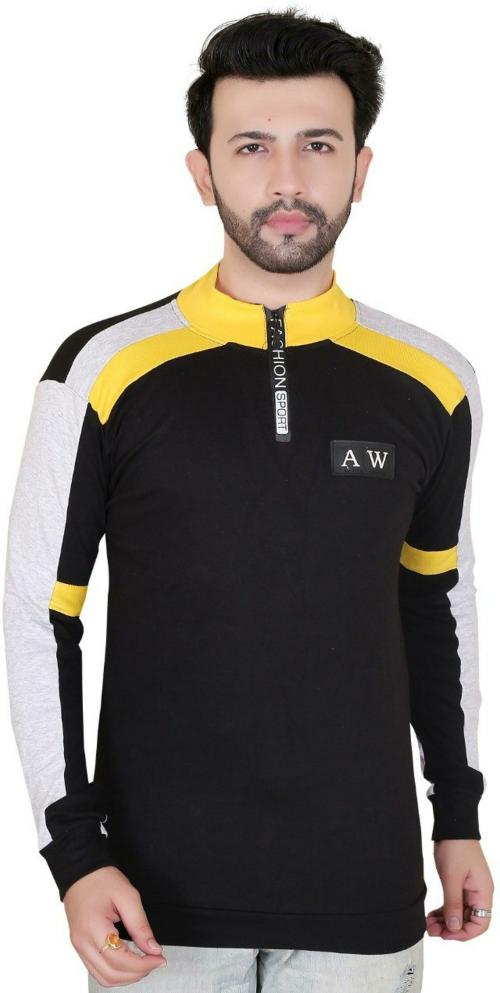 Factory Club Men Black,Grey Solid Cotton Blend High Neck T-shirt (L)