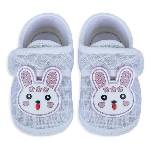 Baby Moo Grey Cotton Naughty Bunny Velcro Strap Non-Slip Kids Booties