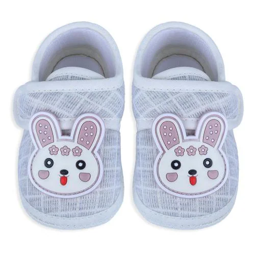 Baby Moo Grey Cotton Naughty Bunny Velcro Strap Non-Slip Kids Booties