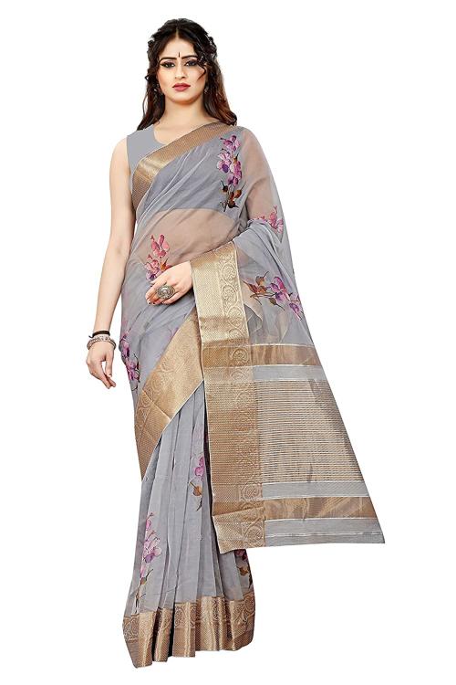 Pyos Women's Grey Floral Printed Organza Kanchi Border Jacquard Saree