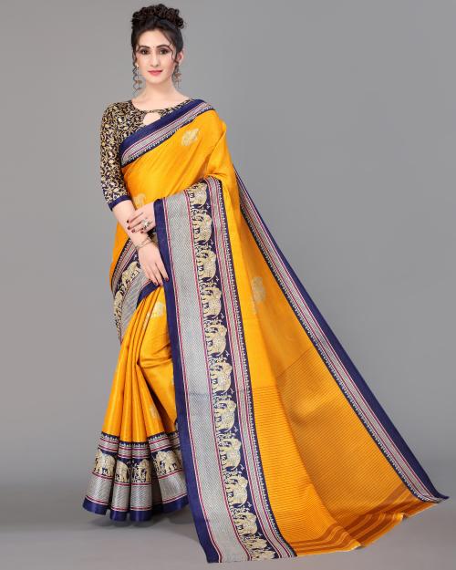 Ruchika Fashion Yellow Navy Mysore Silk Elephant Print Saree With Blouse Material