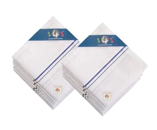 S4S 100% Cotton Pack of 12 Premium Handkerchiefs Hanky For Men, White Striped, Large Size(46CM X 46CM)