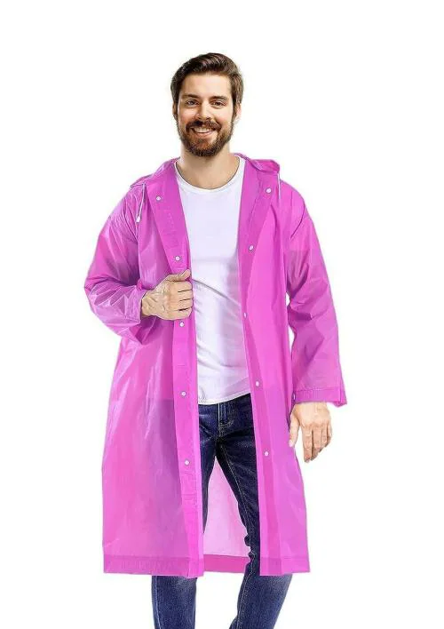 INFISPACE Men's Polyester Long RainCoat Pocho with Adjustable Cap and Pink Color Raincoat