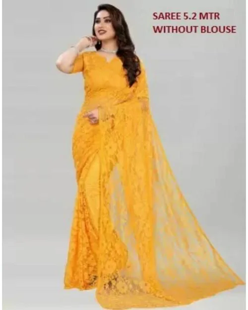 Saadhvi Women's Yellow Russal Net Printed Saree Without Blouse(5.2 M-RUSAL-YELLOW, Free Size)