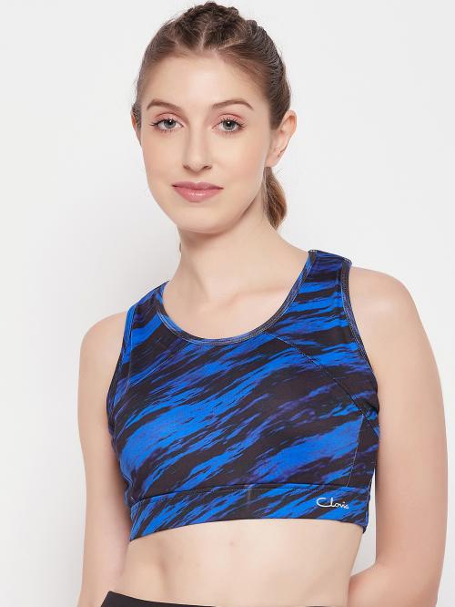 Clovia Blue Geometric Polyester Sports Bra