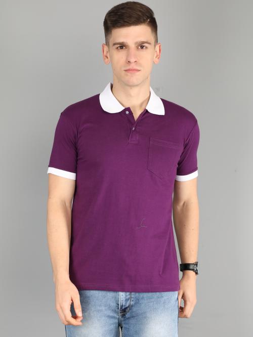 Fleximaa Men's Cotton Purple Polo Neck T-Shirt With Opposite Color Collar Cuff