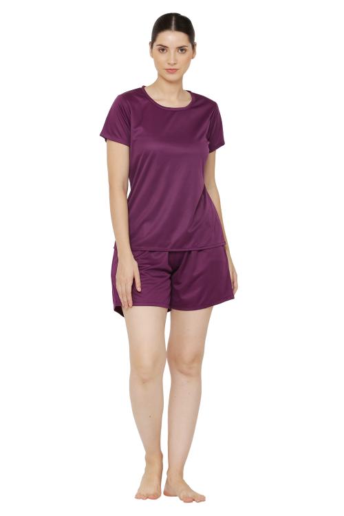 USA Fantasy Women's Purple Satin Lycre Solid Nightsuit