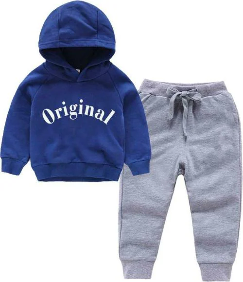 KIDDY STAR Boys and Girls Dark Blue and Grey Printed Cotton Blend Sweatshirt and Track Pants, 2 - 3 Years