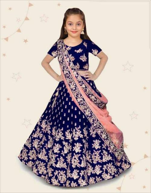 DIZVU Girls Blue Embroidered Satin Ghagra, Choli and Dupatta Set 12 - 13 Y