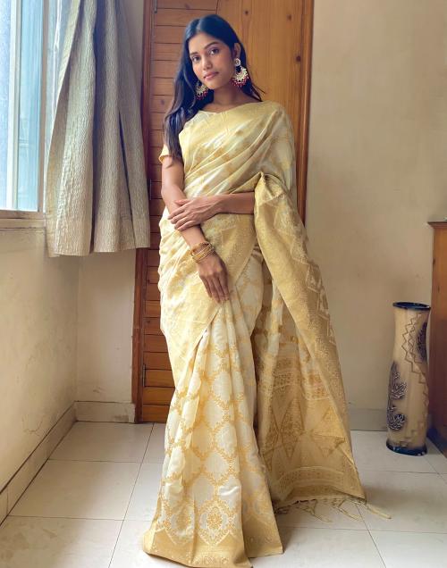 Santrani Cotton Silk Cream Color Silk Cotton Blend Saree with Blouse piece | sarees for Women| saree | sarees