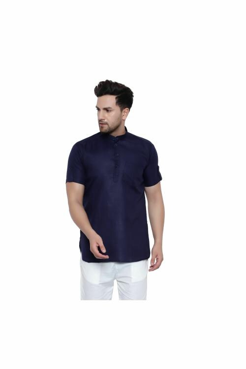 VOLRIX Men's Half Sleeve Short Kurta Cotton & Linen