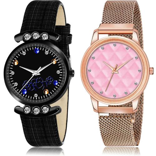 NEUTRON Classical Royal Simple And Magnetic Chain Black And Rose Gold Colour Analog Genuine Leather And Metal Belt 2 Watch Combo For Women And Girls - GW2-GW16