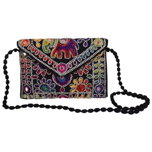Lify Clutch Bags for Women Rajasthani Embroidery Mirror Work Ethnic Wallet and Purses for Girls - Black