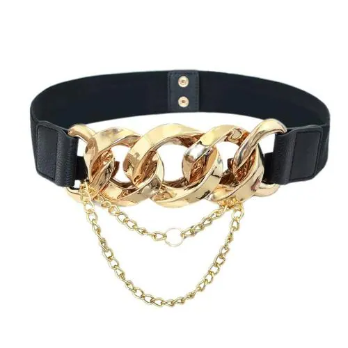 REDHORNSLinked Chain Design Women's Elastic Waist Belt For Dresses - Black