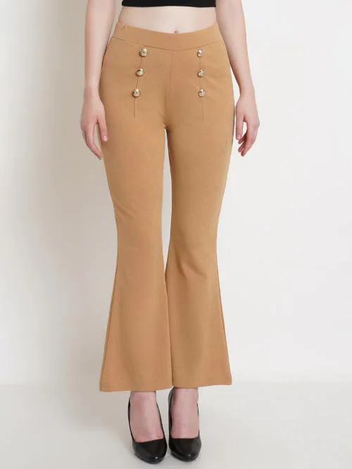 Popwings Camel Brown Bootcut Women Trouser ! Camel Brown Button Styling Formal Wide Leg Trousers for Women