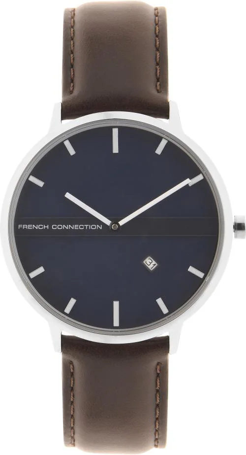 French Connection Analog Blue Dial Brown Strap Watch For Men
