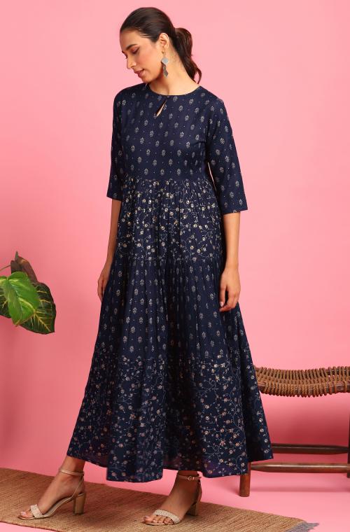 Janasya Women's Navy Blue Cotton Flex Ethnic Dress
