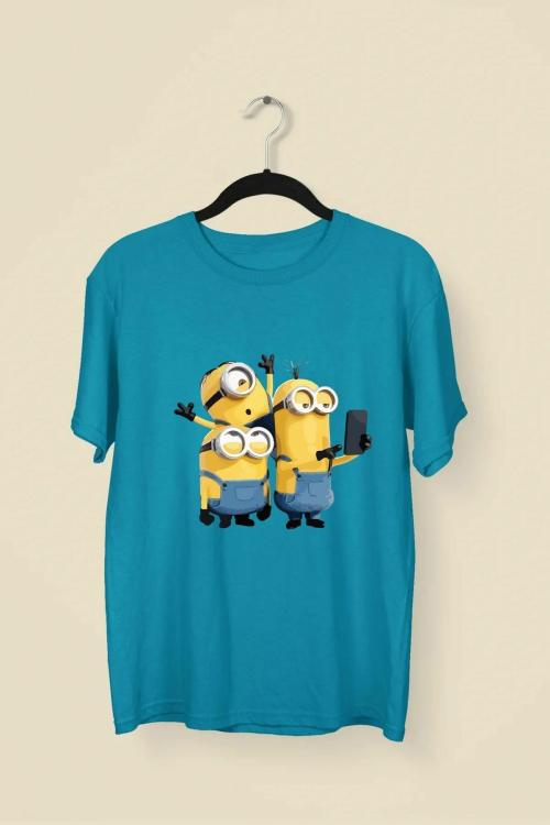 Wild Punk Minion Selfie 100% Cotton Premium Unisex Printed Tshirt (Turquoise)