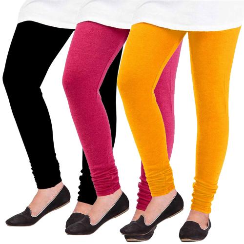 Pixie Woolen Leggings for Women, Winter Bottom Wear Combo Pack of 3 (Black, Pink and Yellow) Best fit 28 Inches to 36 Inches