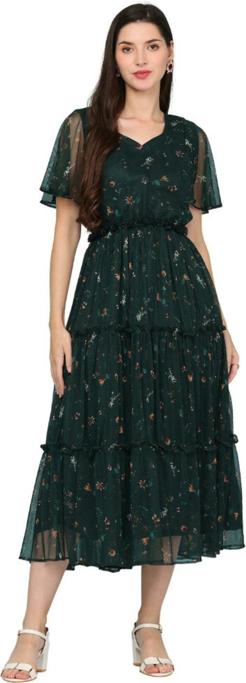 HSM HIGH Impero Women Green Geometric Print Georgette Calf/Three Fourth Length Flared/A-Line Gown