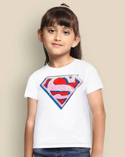Kidsville Girls Supergirl Printed White Tshirt