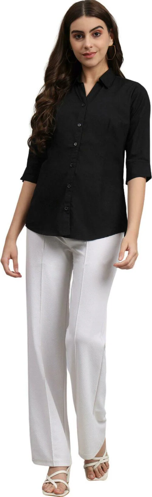 UR SENSE Women Black Solid Cotton Silk Shirt