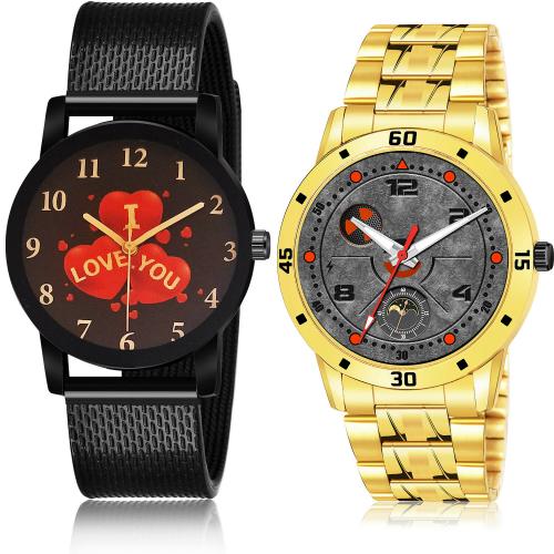 GROOT Treading Fancy I Love You And Gold Chain Black And Gold Colour Analog Plastic And Stainless Steel Belt 2 Watch Combo For Boys And Men - BRM22-(13-S-21)