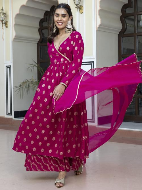 Janasya Women's Pink Brocade Woven Design Kurta with Palazzo and Dupatta