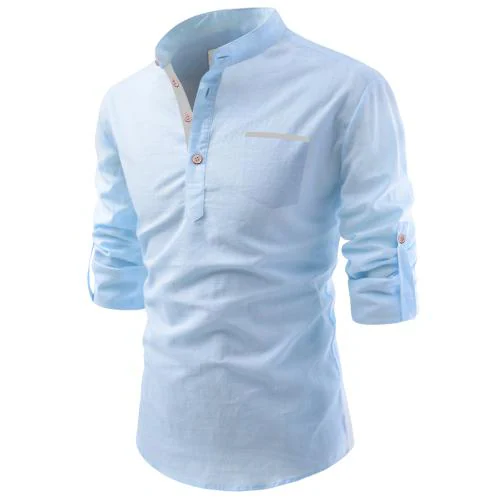 Vida Loca Cotton Sky Blue Color Full Sleeve Casual Mandarin/Chinese Collor Slim Fit Short Kurta For Men and Boys
