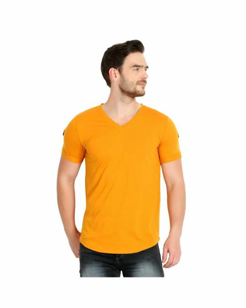 Buy Glito Solid Mustard Half Sleeves V-Neck T-shirts For Men's Online ...