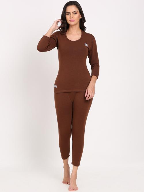 OOSHIN UK Womens Brown Full Sleeve Thermal Basic Set (Upper+Lower) Size 2XL