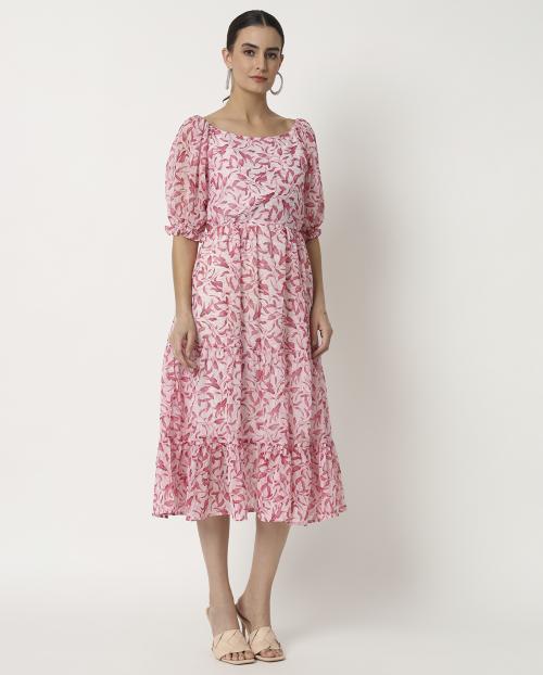 My Swag Women's Red Color Trendy office wear Georgette Fit & Flare Dress