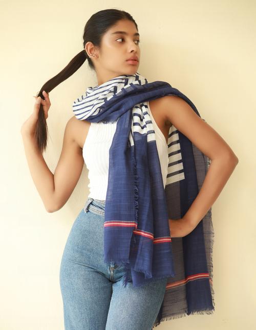 Ayesha Navy Blue & White Stripes Printed Italian Fringes Oversized Modal Scarf