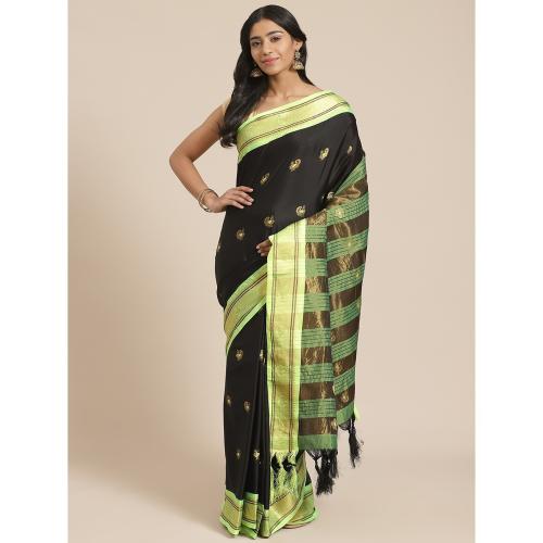 Grubstaker Black And Green Cotton Saree