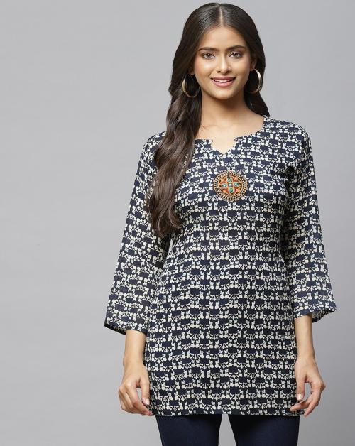 Aarika Women's Navy Blue Color Printed Top