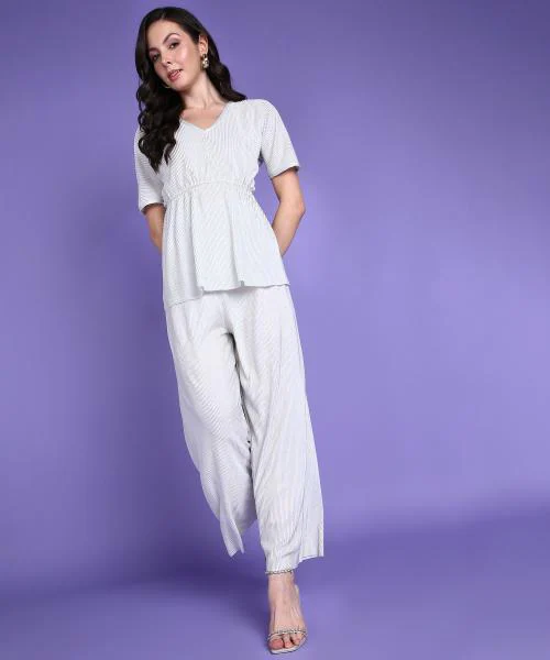 Popwings Women Casual Off White Wrinkle Shimmer Top & Palazzo Co-Ords Set | Top and Bottom Set