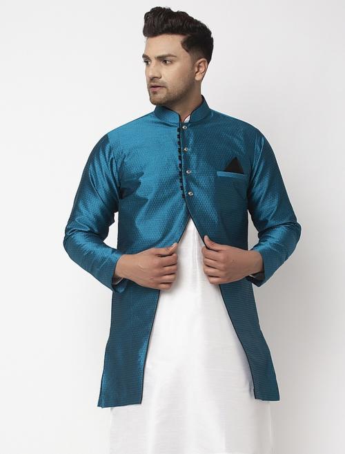 Benstoke Men's Peacock Blue Self Design Silk Blend Sherwani Jacket