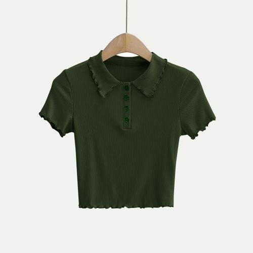 Rad Prix Women Dark Olive Ribbed Polo Crop Top
