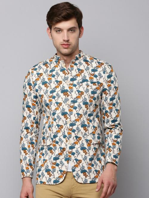SHOW OFF Men's Cream Printed Cotton Blend Blazer