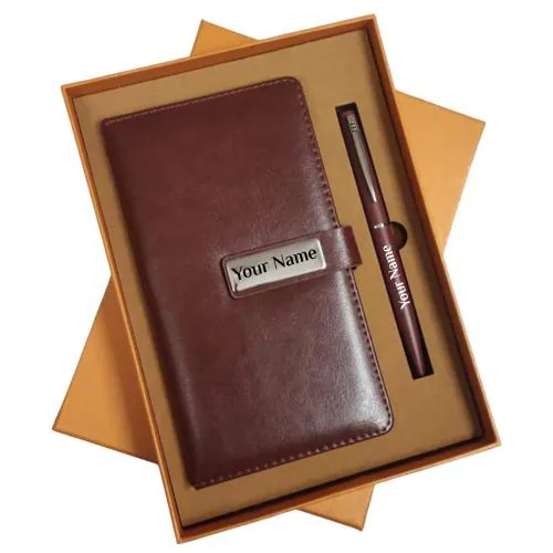 Giftana Personalized Leather Diary and Pen Gift set with Name, 2 in 1 Diaries & Metal Pen Gifts Set for Men and Women, Personalized Birthday Gift for Husband, Corporate Gift Set for Employee (Brown)