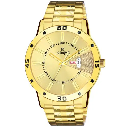 Xtreme Stylish Golden Dial Day & Date Functioning with Stainless Steel Golden Strap Analog Watch - for Men