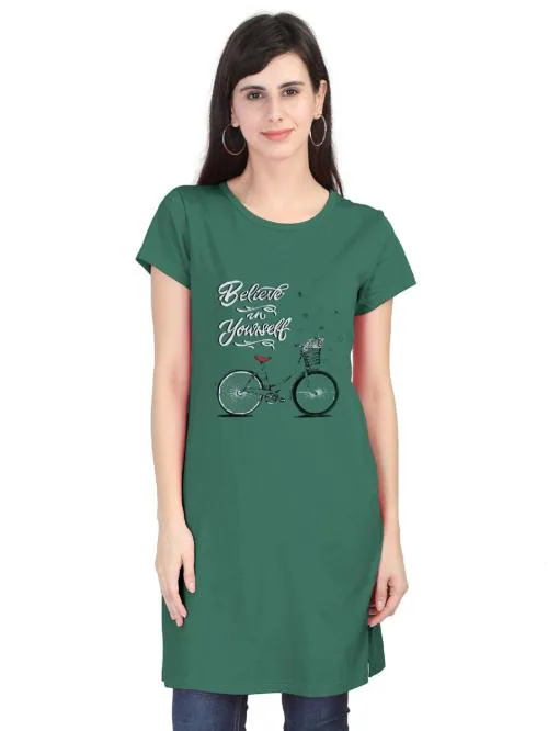 KAFF Womens Longer Length Green T-shirt-100%Cotton- Side Vents