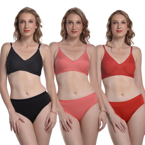 KOMY Multicolor Solid Cotton Blend Non Padded Lingerie Set - 38 (Pack of 3)