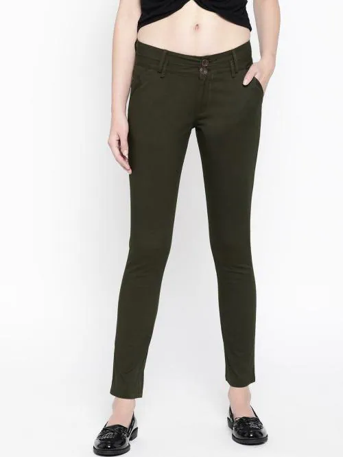 UR SENSE Women Green Solid Pure Cotton Cigarette Trousers
