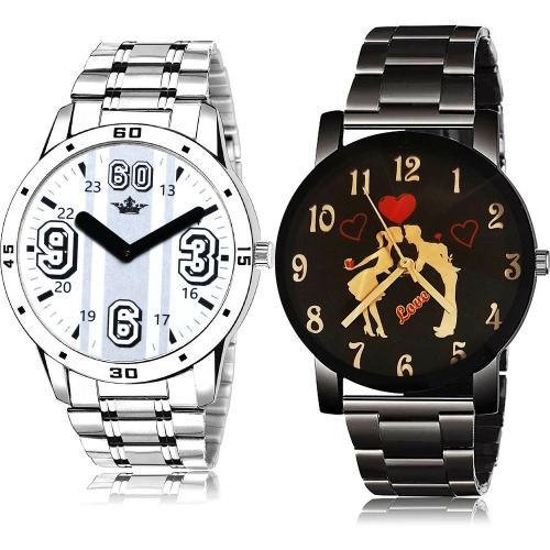 NEUTRON Contemporary Formal Lionel Messi And Love Proposal Couple Valentine Chain Silver And Black Colour Analog Metal Belt 2 Watch Combo For Boys And Men - BL46.111-BCPL6