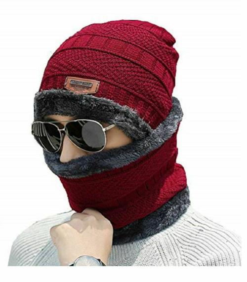 John Brooks Men's Wool Cap With Neck Muffler|Fur Fleece Lined Stylish Beanie Knitted Cap with Neck Warmer for All Girls Boys Men Women. Free Size