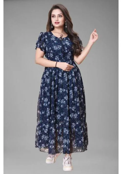Amar Fashion Women's Heavy Georgette Maxi Dress - Vibrant Colors And Adorable Patterns - Long Printed Maxi Dress With Liner - Perfect For Casual, Wedding, Party & Every Occasion (Colour - Blue) (Size -XXXL)