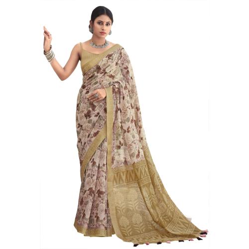 Triveni Off White Printed Cotton Saree With Blouse Piece