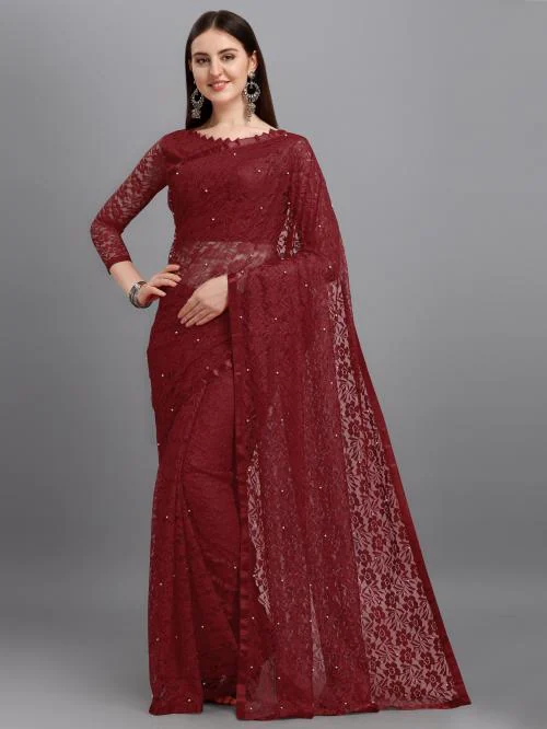 LOROFY Women Maroon Net Saree